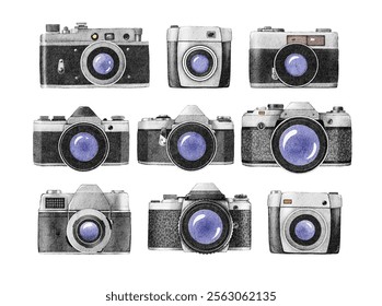 Collection of vintage cameras in various styles arranged in a grid showing classic designs and distinctive features - Powered by Shutterstock