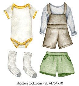 Collection Of Vintage Clothes For A Boy. Watercolor Illustration Of Romper, Overalls, Shorts, Socks.