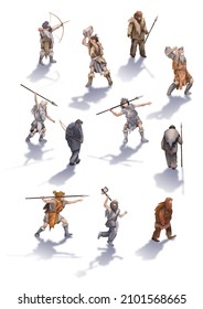 Collection Of A Watercolor Cavemen Casting Shadows, Hunters And Warriors. Hand Painted Illustration Of The Ice Age