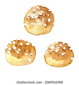 Collection of watercolor choux puffs with sugar on top. Hand drawn illustration of french pastry for breakfast.