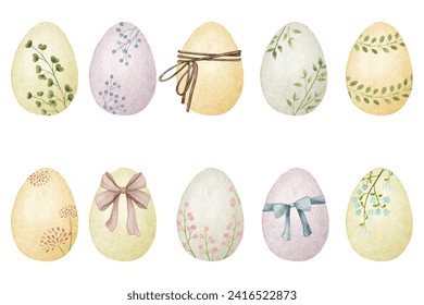 Collection of Watercolor Easter eggs in pastel colors, decorated with floral patterns, ribbons, bows.
 - Powered by Shutterstock