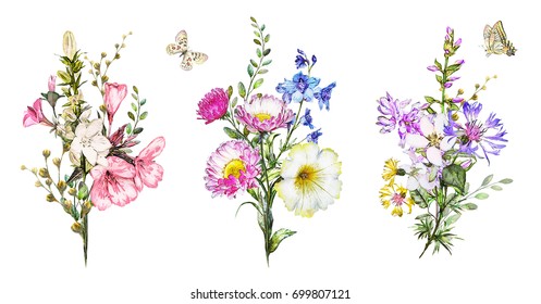 collection watercolor flowers. floral illustration. Bouquet of wildflowers, Leaf, herbs. Cute composition for greeting card.  branch of flowers isolated on white background with butterfly. Botanic