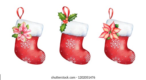 Collection Of Watercolor Hand Drawn Christmas Empty Red Stockings With Plants Of Poinsettia And Holly Isolated On White Background