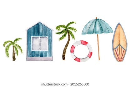 Collection Of Watercolor Illustrations About Beach Vacation. Beach House, Palms, Umbrella, Surf Board. 