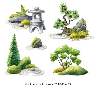 collection of watercolor nature clip art. Green trees, bonsai, stone lantern and rocks. Spiritual zen garden design elements, isolated on white background