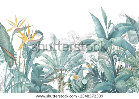 A collection of watercolor tropical leaves and scenes.