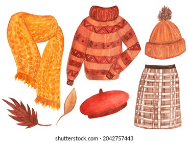 Collection of watercolor warm autumn or winter clothing elements. Hat, beret, sweater, skirt, scarf isolated on white background.