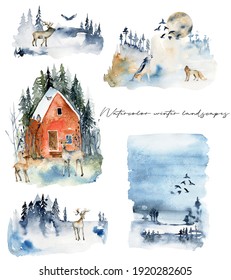 Collection Of Watercolor Winter Landscapes With Forest Animals, Hand Drawn Isolated Illustration On White Background