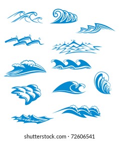 Collection of wave icons in blue with curling and cresting waves in twelve different designs, vector illustration. Vector version also available in gallery