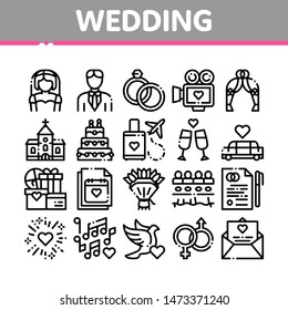 Collection Wedding Thin Line Icons Set. Characters Bride And Groom, Rings And Limousine Wedding Elements Linear Pictograms. Church And Arch, Fireworks And Dancing Black Contour Illustrations