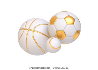 A collection of white and gold basketball, soccer ball, and volleyball on a white background, showcasing elegance in sports equipment. 3D render illustration - Powered by Shutterstock