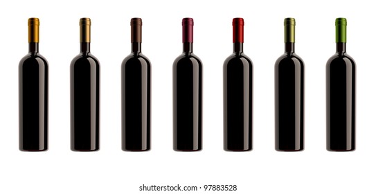 Collection Of Wine Bottles With Different Capsules, White Background,pack Shots.