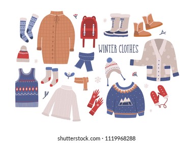 Collection of winter clothes and outerwear isolated on light background - woolen jumper, cardigan, coat, snow boots, scarf, hat, mittens. Bundle of seasonal clothing. Colorful illustration - Powered by Shutterstock