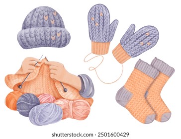 A collection of winter garments crafted with care. skeins of yarn. Gentle hands busy knitting, creating a snug winter hat a cozy knitted sock and a soft mitten. watercolor illustrations for crafting - Powered by Shutterstock