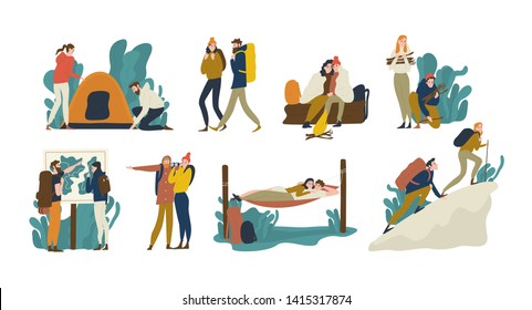 Collection of young romantic couples during hiking adventure travel or camping trip. Men and women pitching tent, lying in hammock, climbing mountain, backpacking. Flat colorful illustration. - Powered by Shutterstock