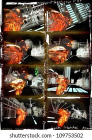 Collections of eight renders on the theme: RIDING A SPEED MOTORBIKE THROUGH THE CITY. (Grunge processing on the frame).