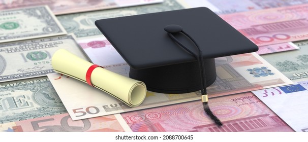 College Cost, Student Loan, Scholarship. University Graduate Cap On Banknotes Money Background. Education Budget In USA. 3d Illustration