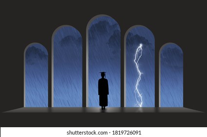 A College Graduate In A Cap And Gown Looks Out Of An Arched Doorway To Find Rain, Storms And Lightning Waiting For Her Or Him In The Job Market.