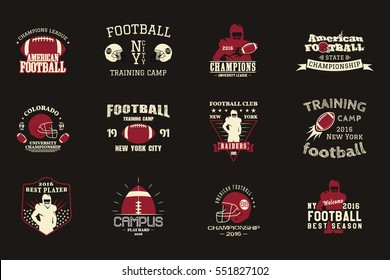 College rugby and american football team, campus, college badges, logos labels insignias in retro style Graphic vintage design for t-shirt, web. Color print isolated on a dark background. . - Powered by Shutterstock