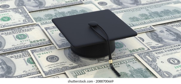 College Tuition Cost, Student Loan, Scholarship In USA. University Graduate Cap On American Dollars Money Background. Education Budget. 3d Illustration