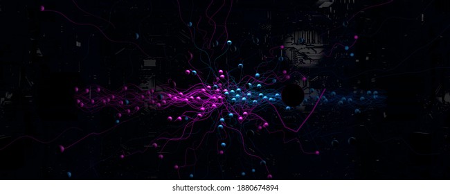 Collision of blue and red spherical particles leaving traces of movement lines on a dark metallic background. 3d illustration