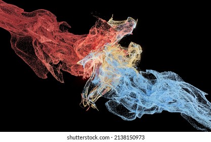 Collision of particles, decorative particles, 3d rendering. Computer digital drawing.