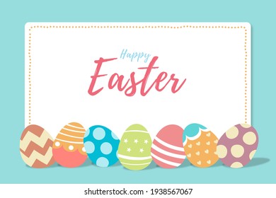 Coloful Easter Eggs in light turquoise background. Happy Easter Day poster, banner in flaylay with typography