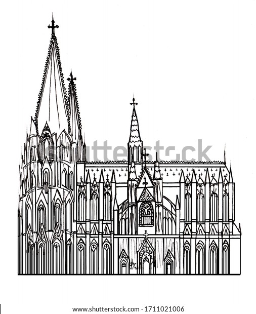 ケルン大聖堂 ケルナードム 白い背景に手描きのスタイル化された図面 白黒のラスター線画 中世のゴシック建築 ドイツのヨーロッパ ゴシック 調の中世の伽藍 のイラスト素材