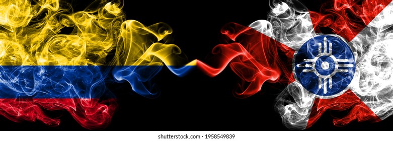 Colombia, Colombian vs United States of America, America, US, USA, American, Wichita, Kansas smoky mystic flags placed side by side. Thick colored silky abstract smokes flags.