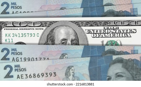 Colombian Peso And US 100 Bill. Close Up Colombian Banknotes And US Banknotes. 3D Render