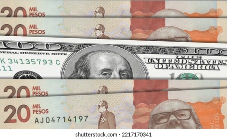 Colombian Peso And US 100 Bill. Close Up Colombian Banknotes And US Banknotes. 3D Render