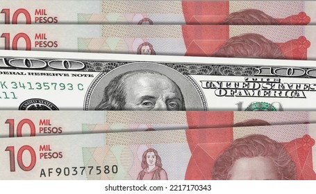 Colombian Peso And US 100 Bill. Close Up Colombian Banknotes And US Banknotes. 3D Render