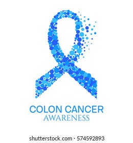 Colon Cancer Awareness Poster. Blue Ribbon Made Of Dots On White Background. Medical Concept. 