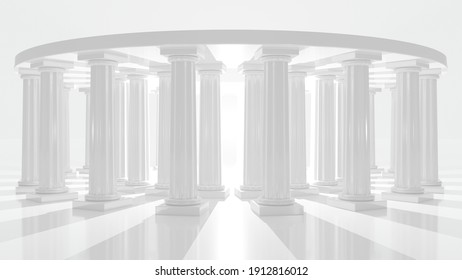 Colonnade Building In Elliptical Arrangement On An Abstract White Background. Round Pillar Structure With Mystical Lights And Shadows. Modern Architecture And Ancient Columns. 3d Illustration.