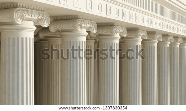 Colonnade\
with ionic columns. Public building. Ancient greek temple. Pillars\
of government. 3d rendering. High\
resolution.