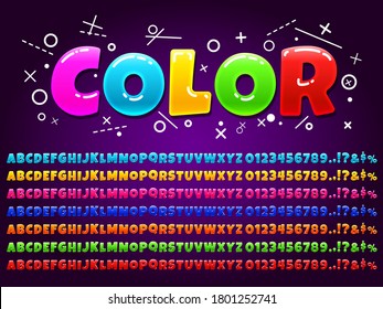Color alphabet for cartoon game. Vivid colorful letters, numbers, alphabet symbols for children games design  illustration set. Lettering for kids in different colors. Creative and bright font.