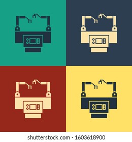 Color Assembly Line Icon Isolated On Color Background. Automatic Production Conveyor. Robotic Industry Concept. Vintage Style Drawing. 