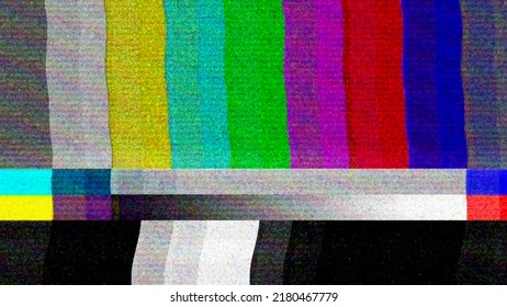 Color Bars On A TV Monitor With Bad Interference, Glitch And Noisy Stripes.  Television Signal Error, Flickering Test Screen Background. Digitally Generated Image.