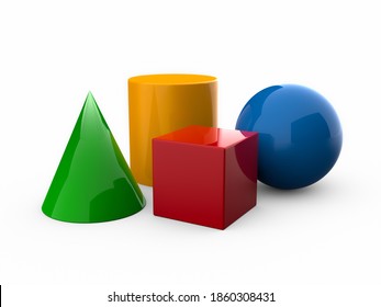 Color Basic Shapes. Realistic 3d Geometric Forms Cube, Cylinder, Sphere, Cone, Learning Objects Education Set