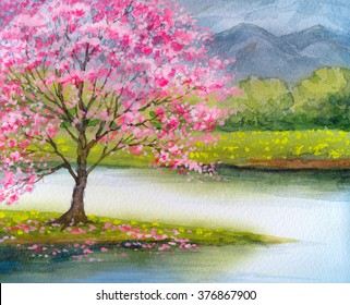 Oil Painting Landscape Oriental Cherry Tree Stock Illustration ...