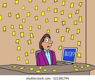Color business illustration of a businesswoman's office that is covered with yellow sticky notes.