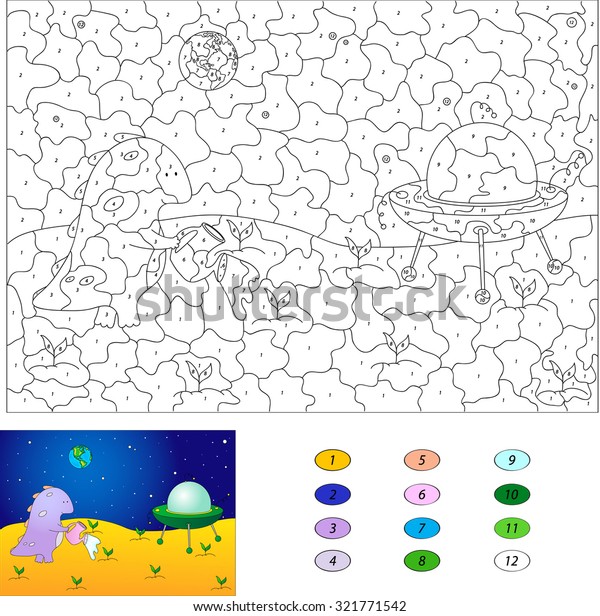 Color by number educational game for kids.\
Purple dragon watering plants on the moon. Flying saucer standing\
on the planet\'s\
surface.