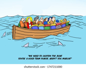 Color cartoon of a boat filled with business people and surrounded by sharks where the  male boss is encouraging a woman to jump in the water to lighten the load. - Powered by Shutterstock