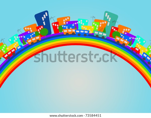 Color cartoon city on
rainbow