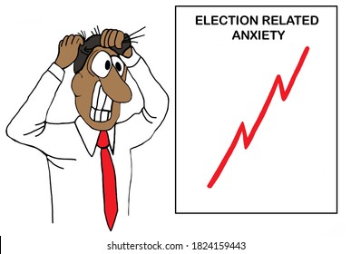 Color Cartoon Showing An African-American Man Pulling His Hair Out Due To Election Anxiety, The Chart On The Wall Shows His Level Of Anxiety. 