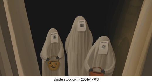 Color digital illustration missing children in ghost costumes and pumpkin baskets in hands  For design  movie  advertisement  book  game 
