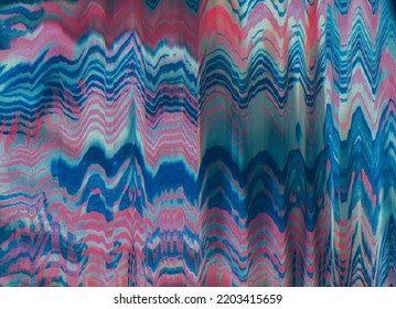 Color Digital Noise. Glitch Art. Electronic Distortion. Pastel Pink Blue Fuzzy Curve Waves Artifacts Texture Creative Abstract Illustration Background.