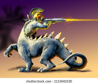 Color drawing of a fantastic alien lizard centaur in a helmet firing a laser gun on a dark background 