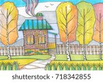 Color drawing, picturesque autumnal landscape with country house and trees. Colorful hand drawn sketch by markers and liner.