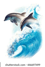 Color drawing: two dolphins on a wave. Watercolor pencils
